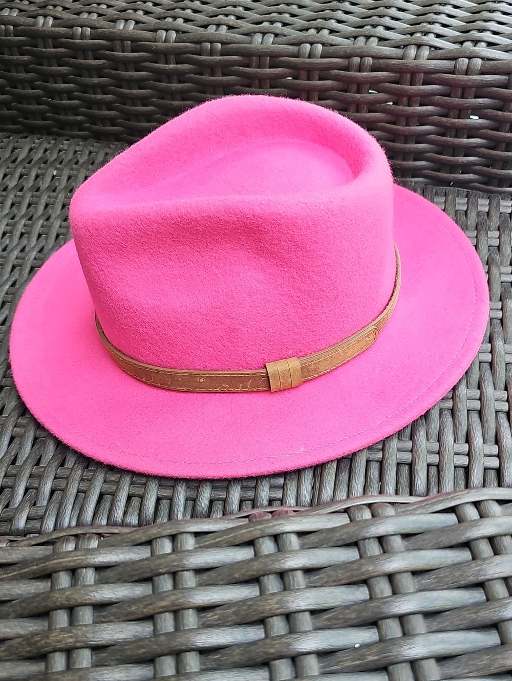 Bright Pink Felt Fedora with Brown Band.  22" Head Band.